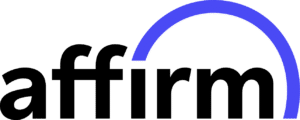 Affirm logo featuring the word 'Affirm' in black, accompanied by a blue curved line resembling an arch or a partial circle.